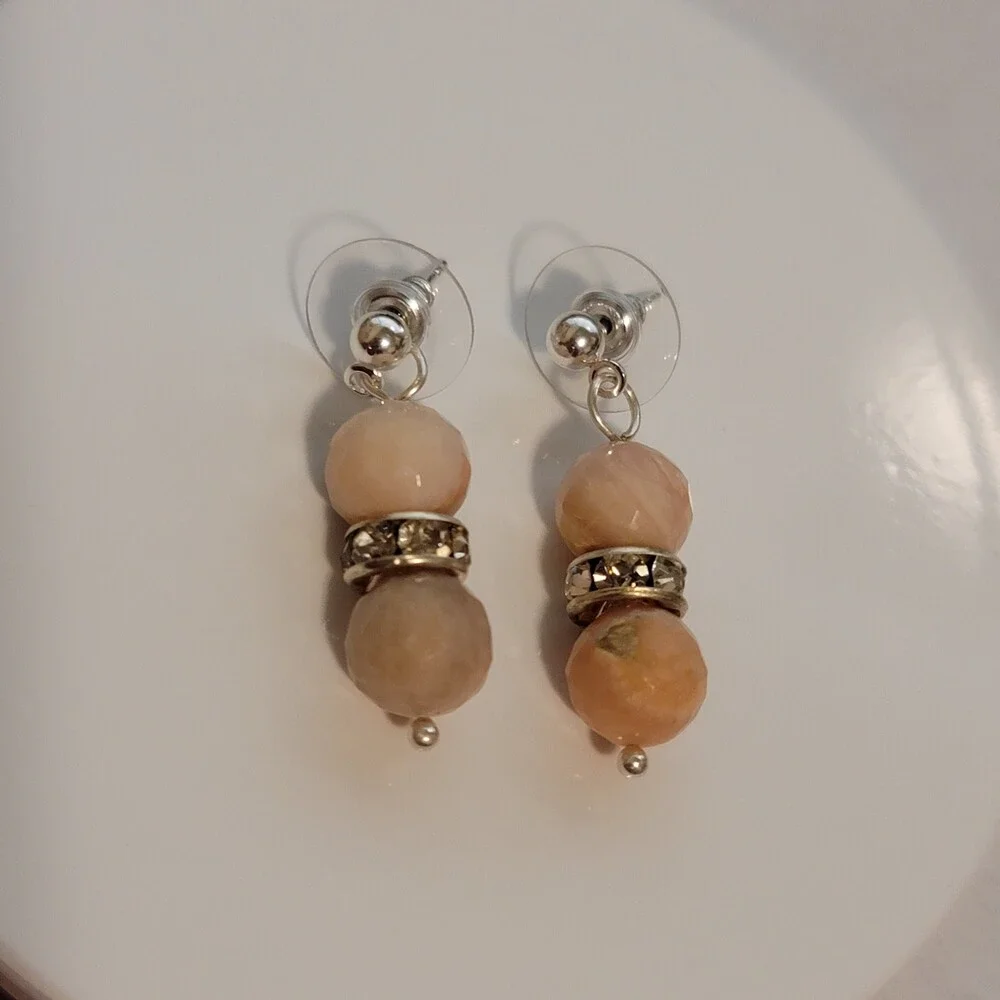 Peach Blush Gemstone Drop Earrings – Silver Crystal Spacer Accent